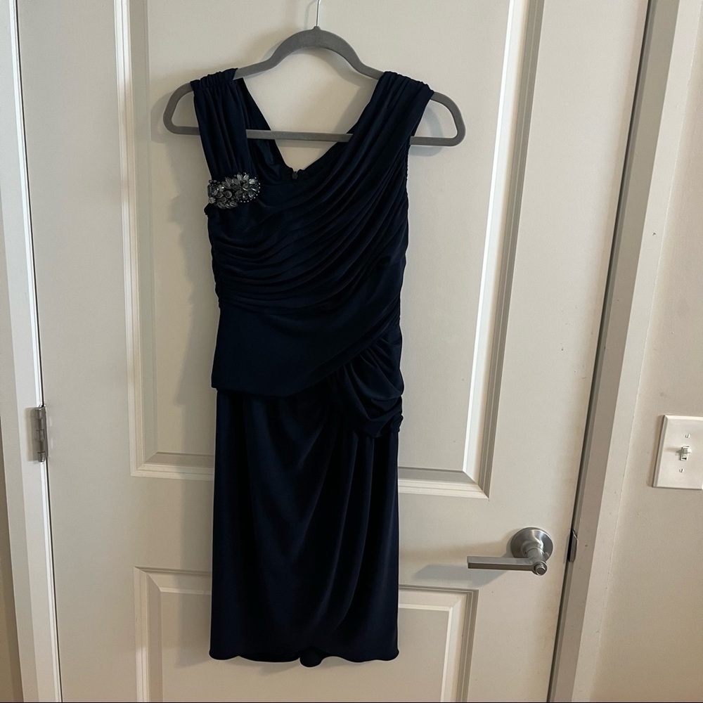 Adrianna Papell Womens Navy Blue Draped Jeweled Tulip Hem Evening Dres…